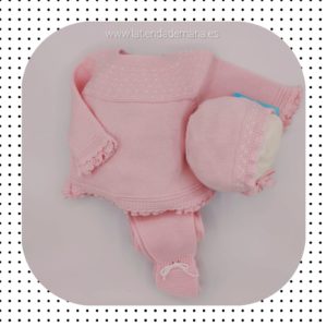 conjunto primera puesta ropa recién nacido bebé rosa capota jubón